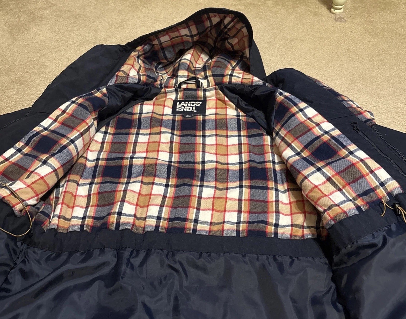Navy Hood Mens Lands End Medium Vtg Squall Slicker Waterproof Lined Rain Coat