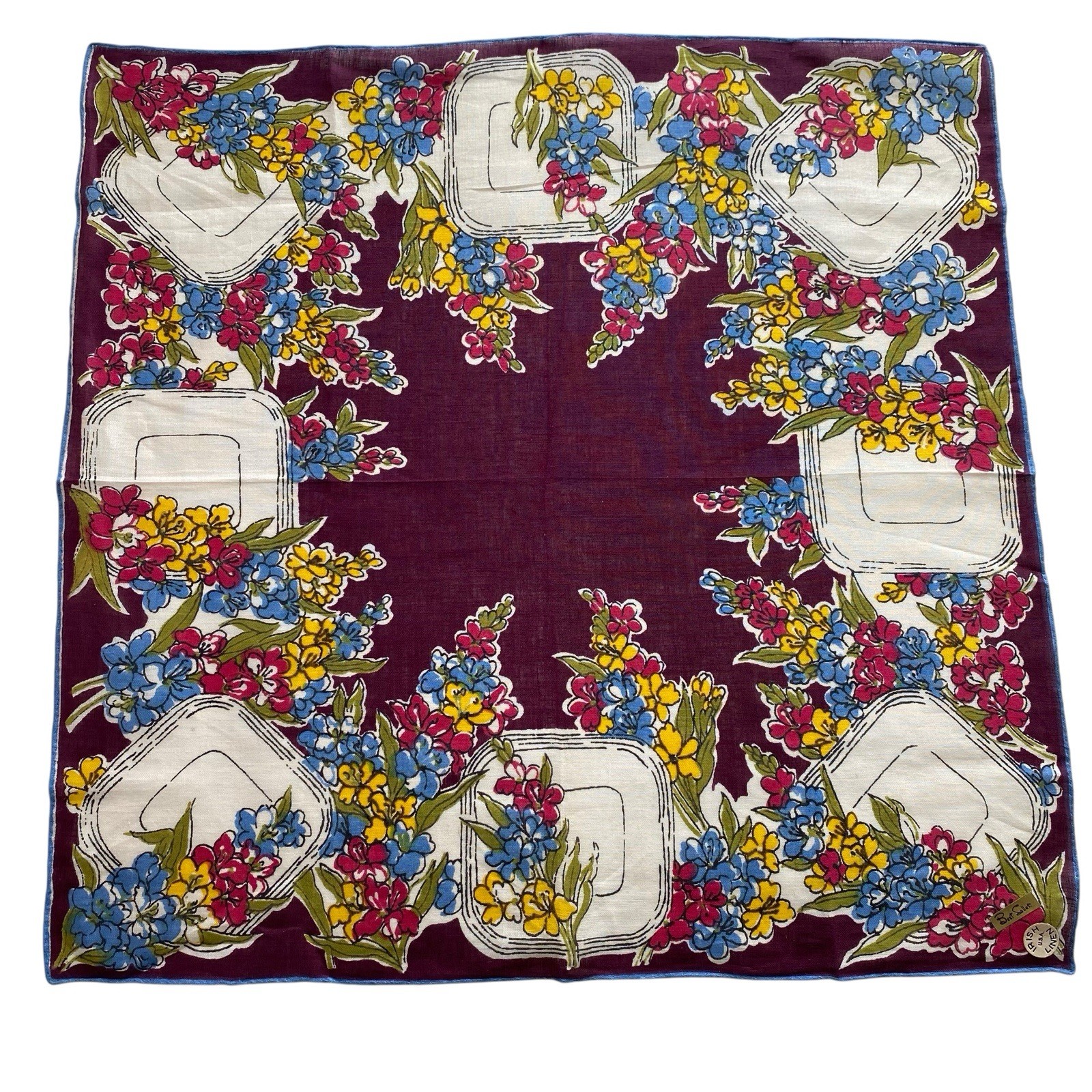 Vintage Best Seller Hanky Handkerchief Flowers Floral Purple Yellow Red Label