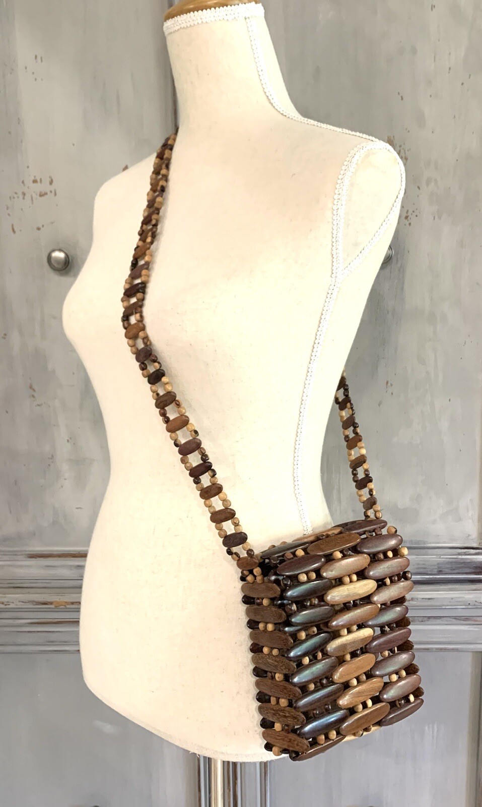Wooden Bead Shoulder Bag Purse Vintage Boho Beach Vacation Chic