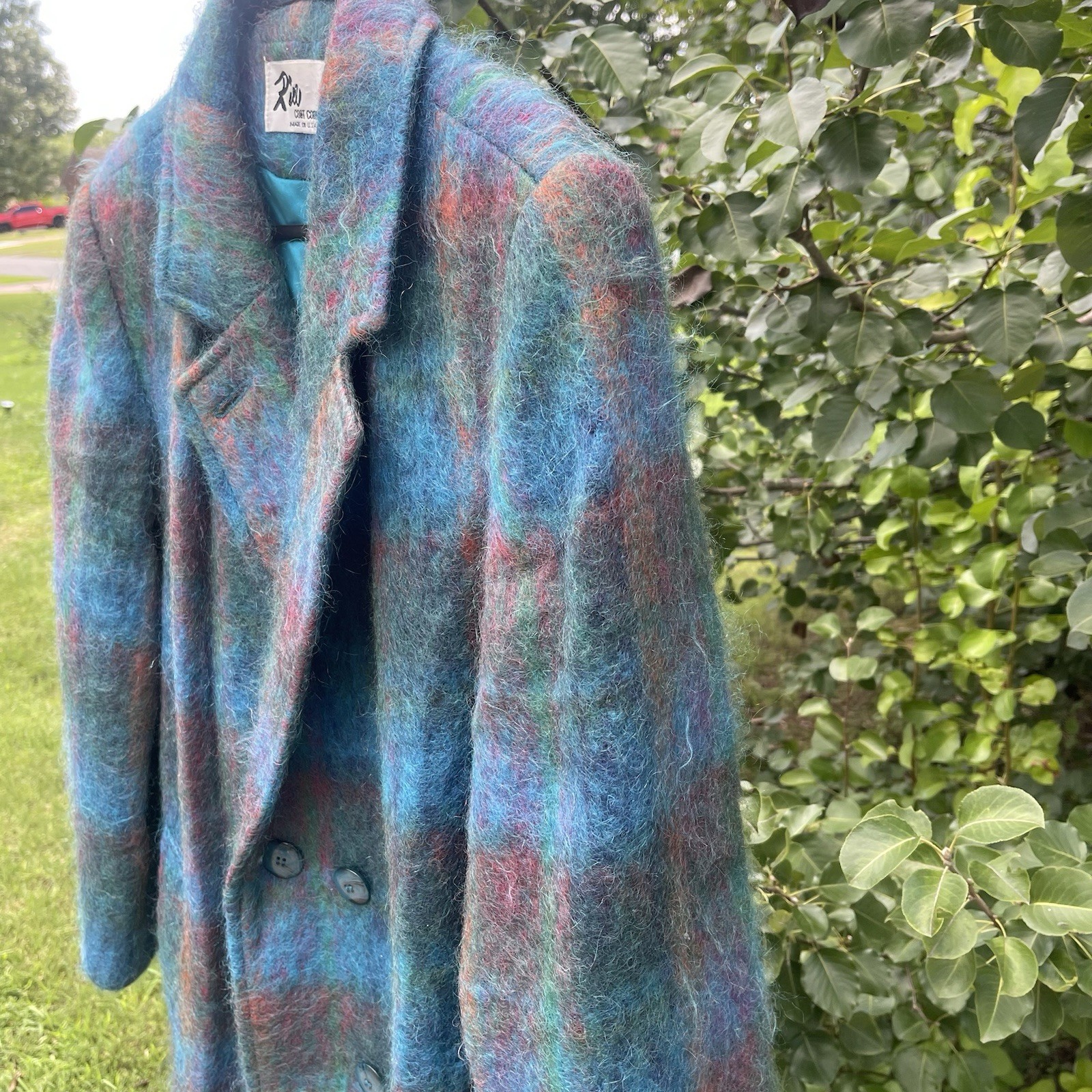 Vintage 70s 80s RIEL Coat Company Blue Rainbow Mohair Long Jacket Union made