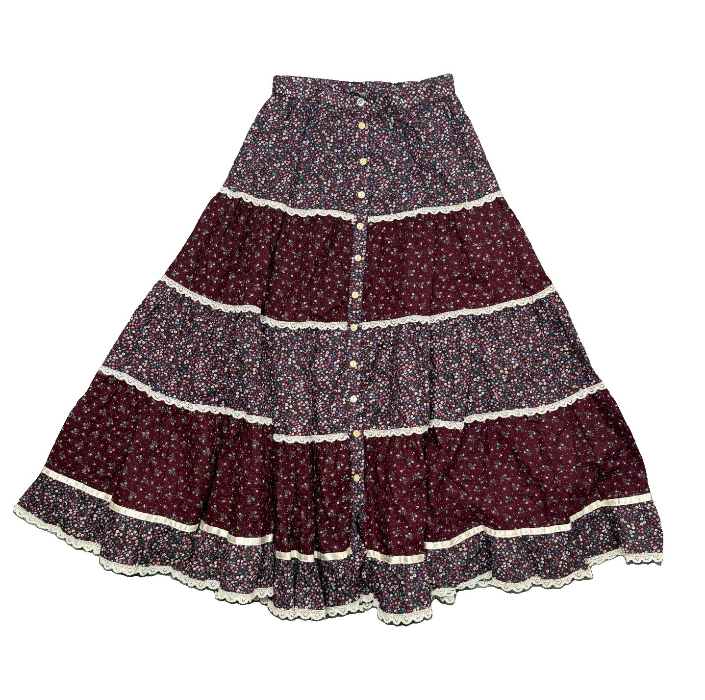 Vintage Jessica’s Gunnies Floral Prairie Tiered Maxi Skirt Lace Cottagecore 70s
