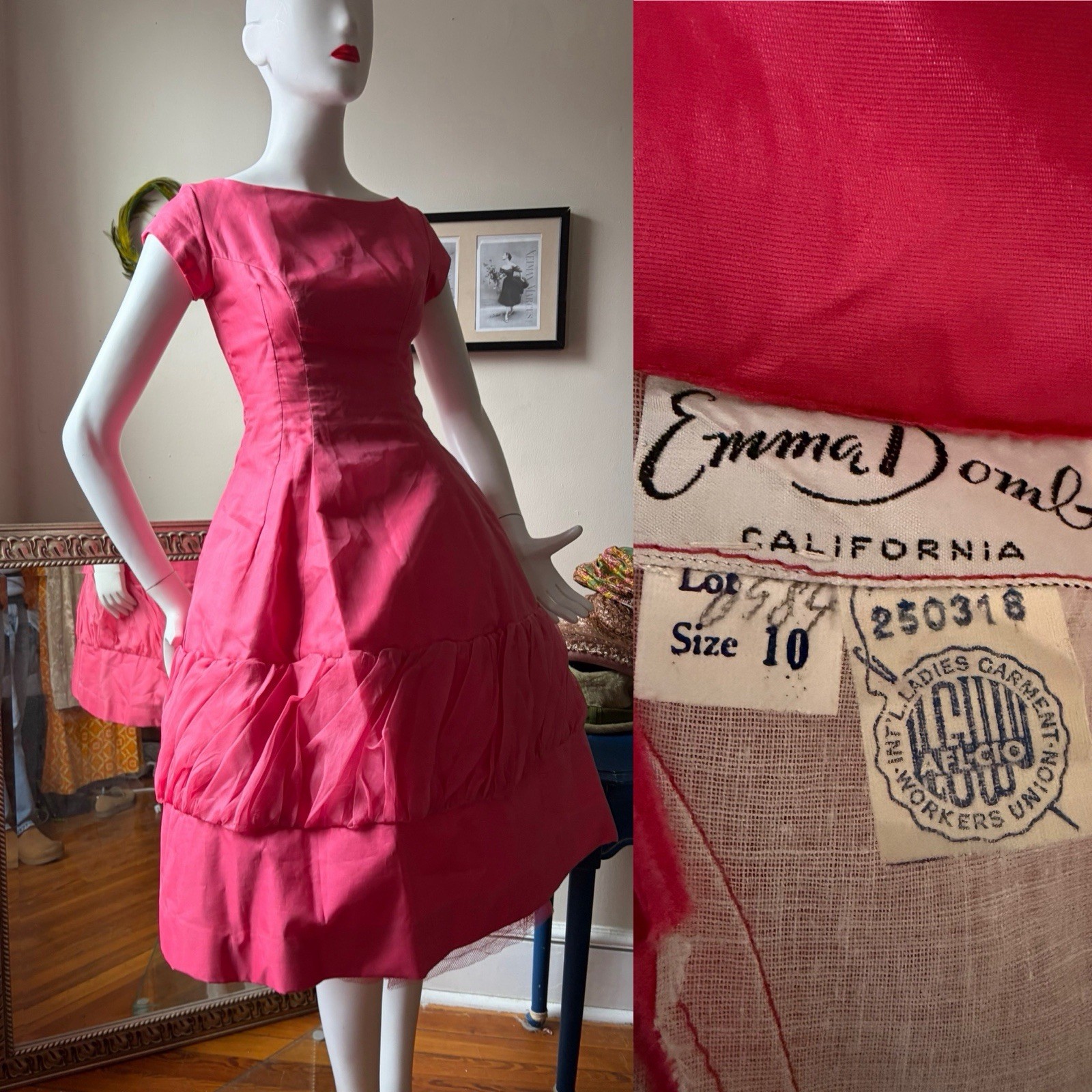 Vtg 50s EMMA DOMB Hot Pink Silk & Tulle Midi Cupcake Prom Party Dress S 36/26