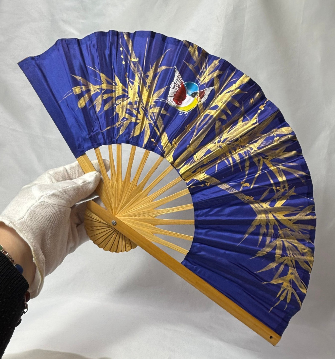 Blue Synthetic Folding Fan Hand Painted Gold Leaves & Bird Bamboo Thailand