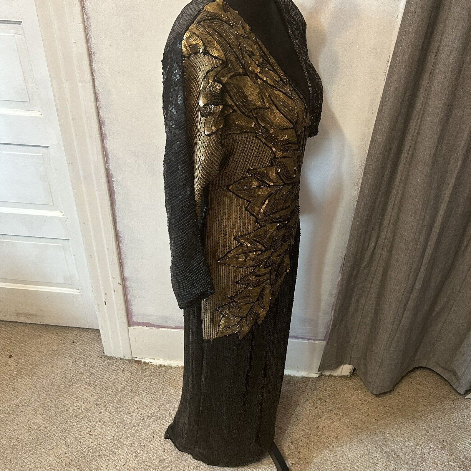 VTG Sequin Gown Dress 100% Silk 90s Black Gold Ruched V Neck Mob Wife Disco