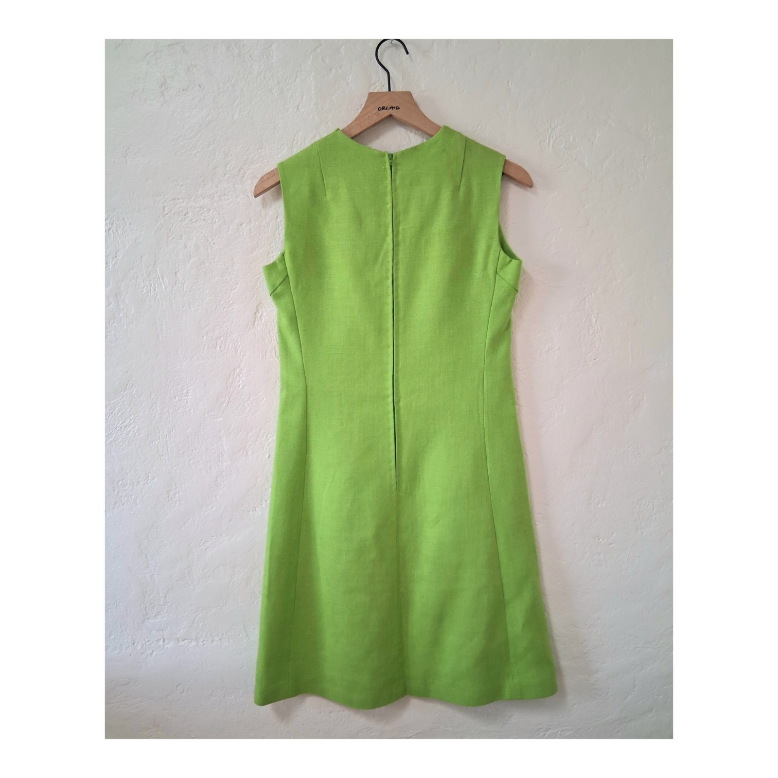 VTG 1960s Mod Shift Dress Lime Green Cotton Sleeveless Chevron Seam Midi M