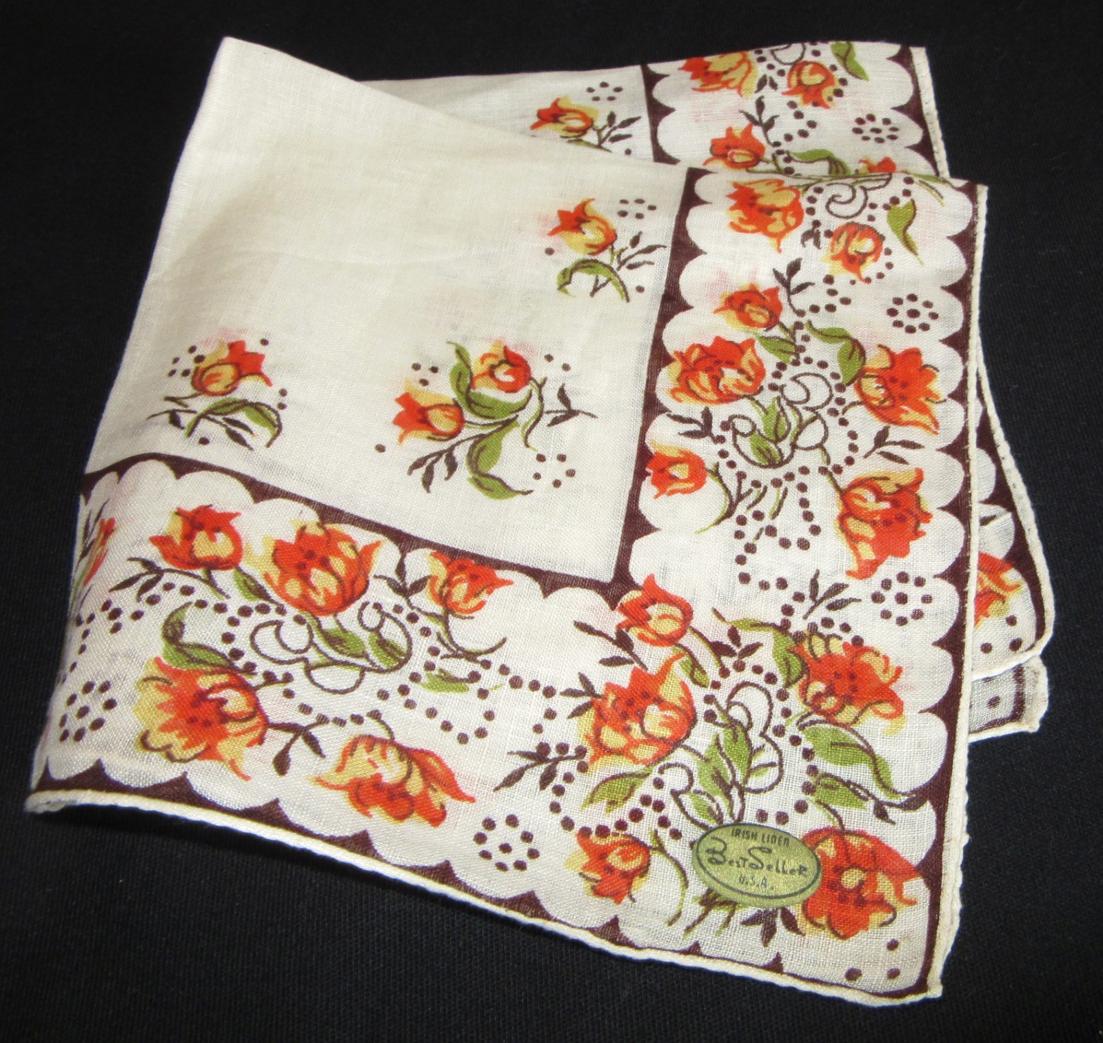 Vintage Hankie Irish Linen Shades of Orange Floral Best Seller Hand Rolled Nice!