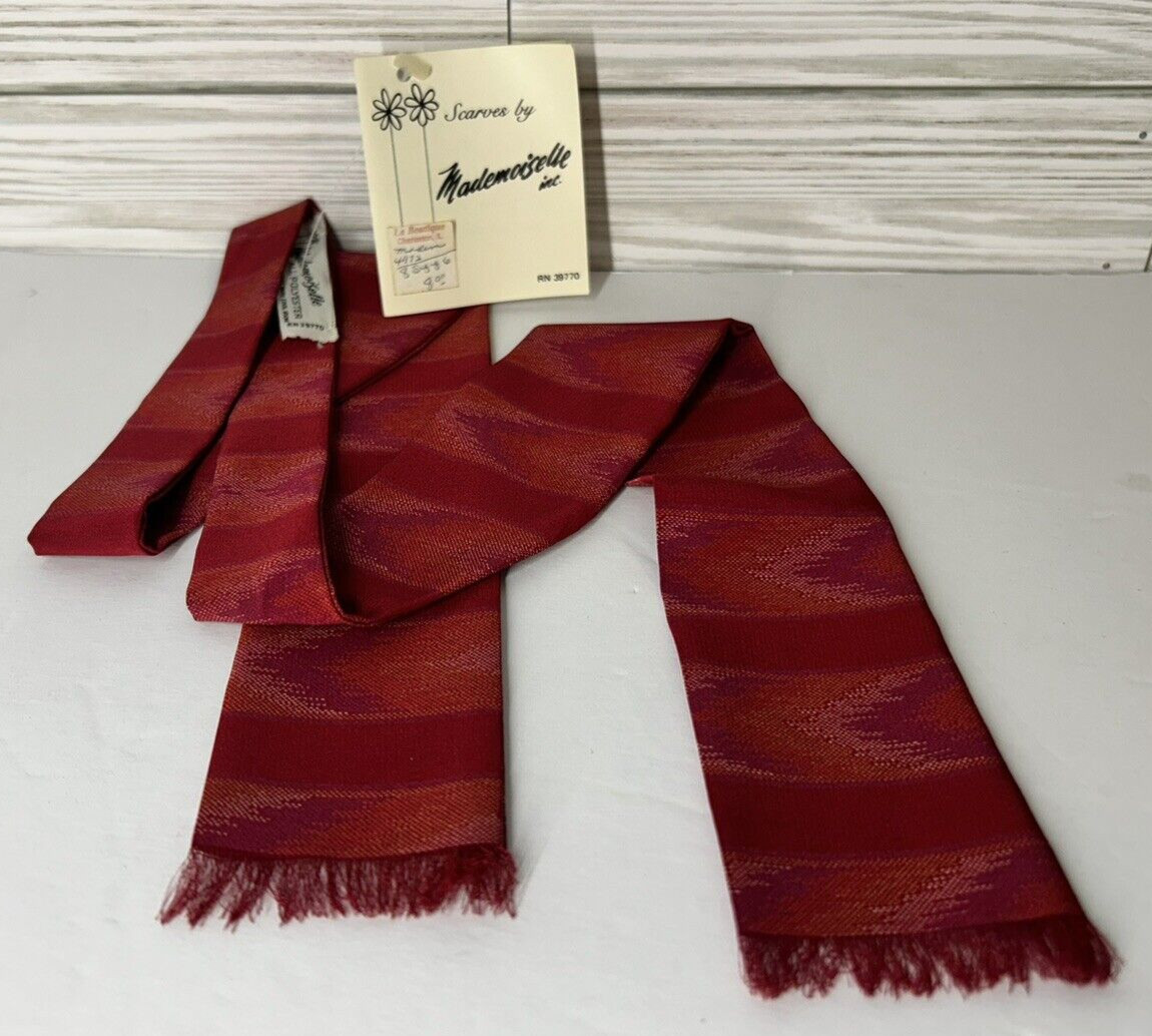 NWT Vtg Mademoiselle Red Scarf Poets Tie w/Original Tags, 43″ Long
