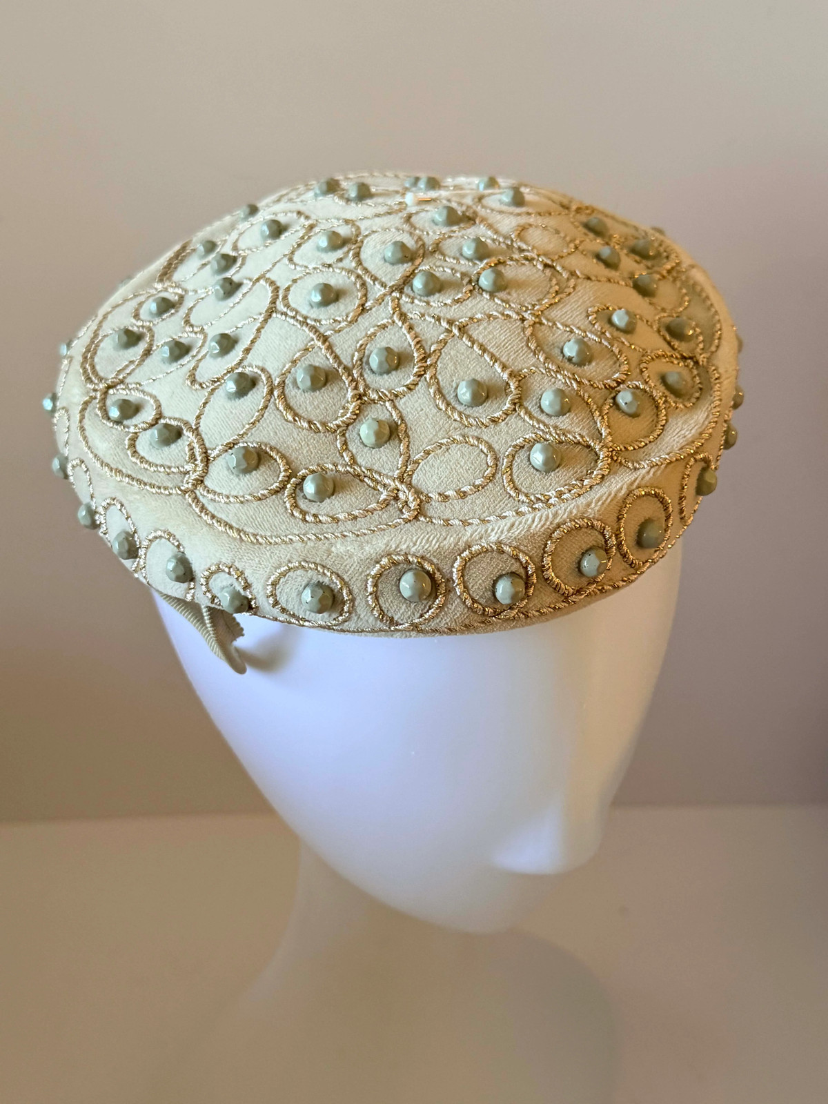 Vintage Embellished Ivory Pillbox Hat | Beaded Cocktail Hat | 1960s Formal