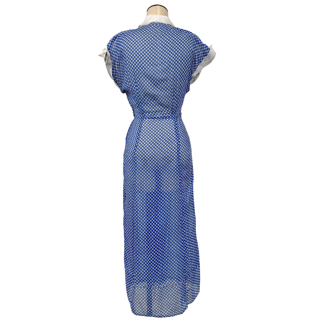 Vintage 1940s Blue & White Printed Semi Sheer A-line Day Dress