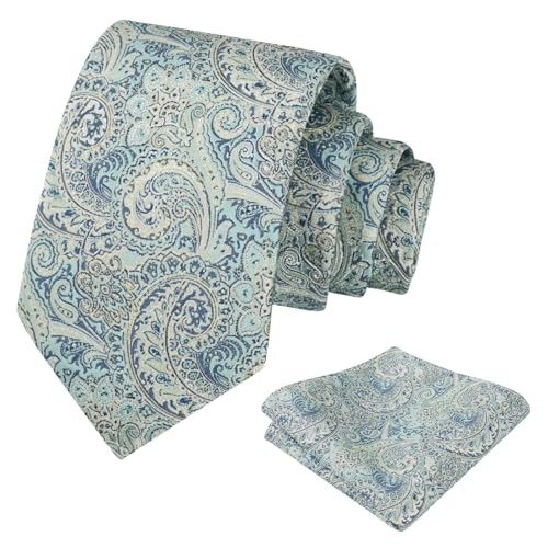 Mens 2pcs Paisley 3.15” Tie Set with Hanky Casual Floral 919-sage Green+navy
