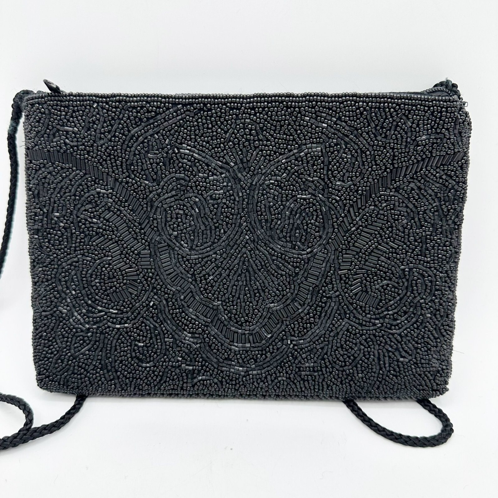 Vintage Hastings & Smith Black Beaded Clutch Purse With Strap 9″x6″x0.5″