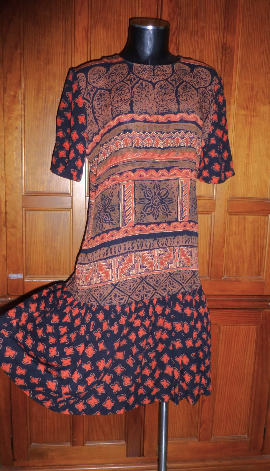 VTG Carole Little German RAYON Mix Print Drop Waist Ruffle Dress Summer Vacay