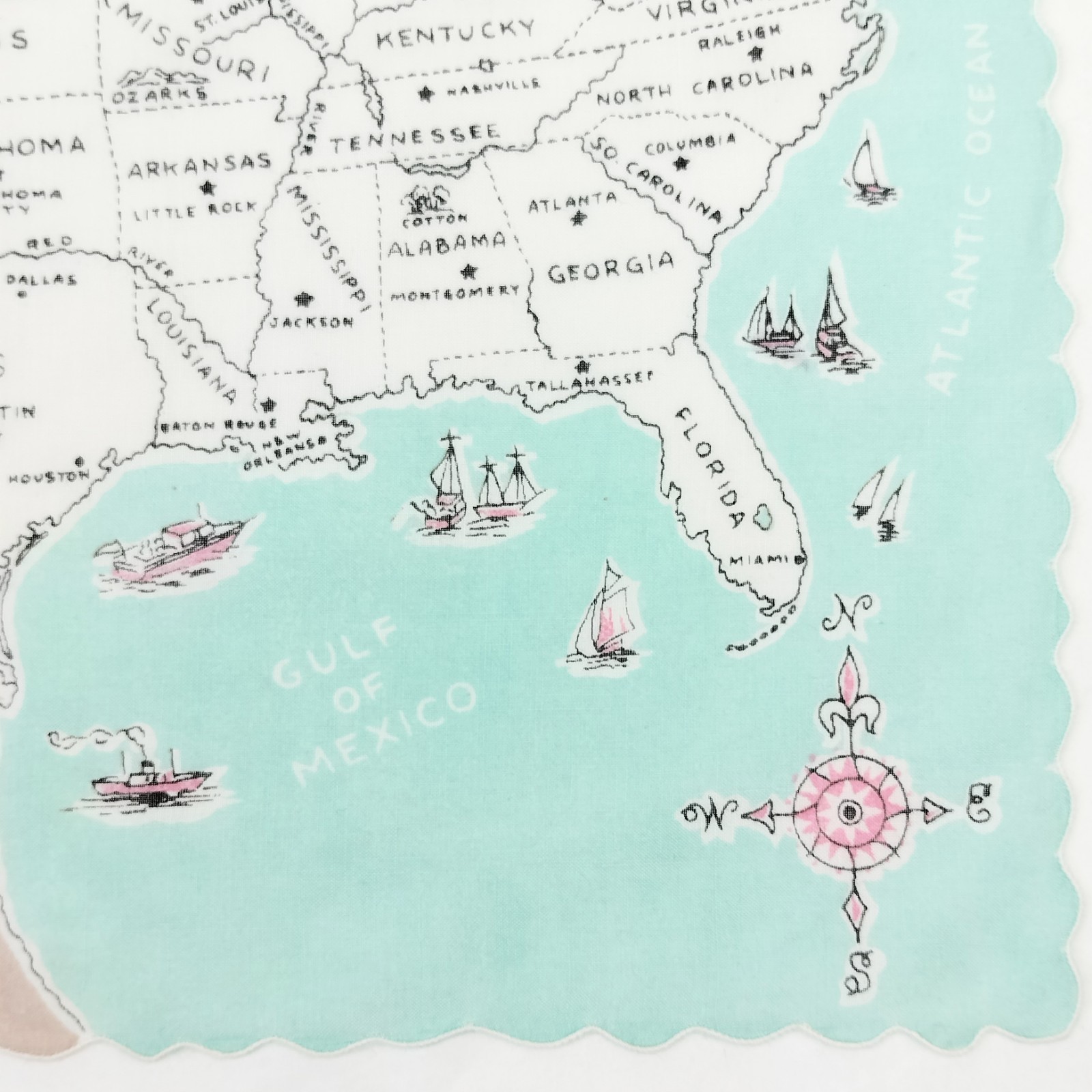 Vtg 50s Franshaw United States Map 48 States Hankie Travel Souvenir Blue Pink
