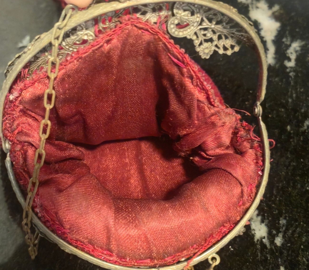Antique Red Beaded Pouch Purse Ornate Brass Filigree Kiss Lock Reticule Tassel B