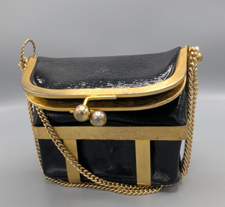 Vintage Rosenfeld Black Vinyl Purse with Gold Toned Cage Shell – Made in France