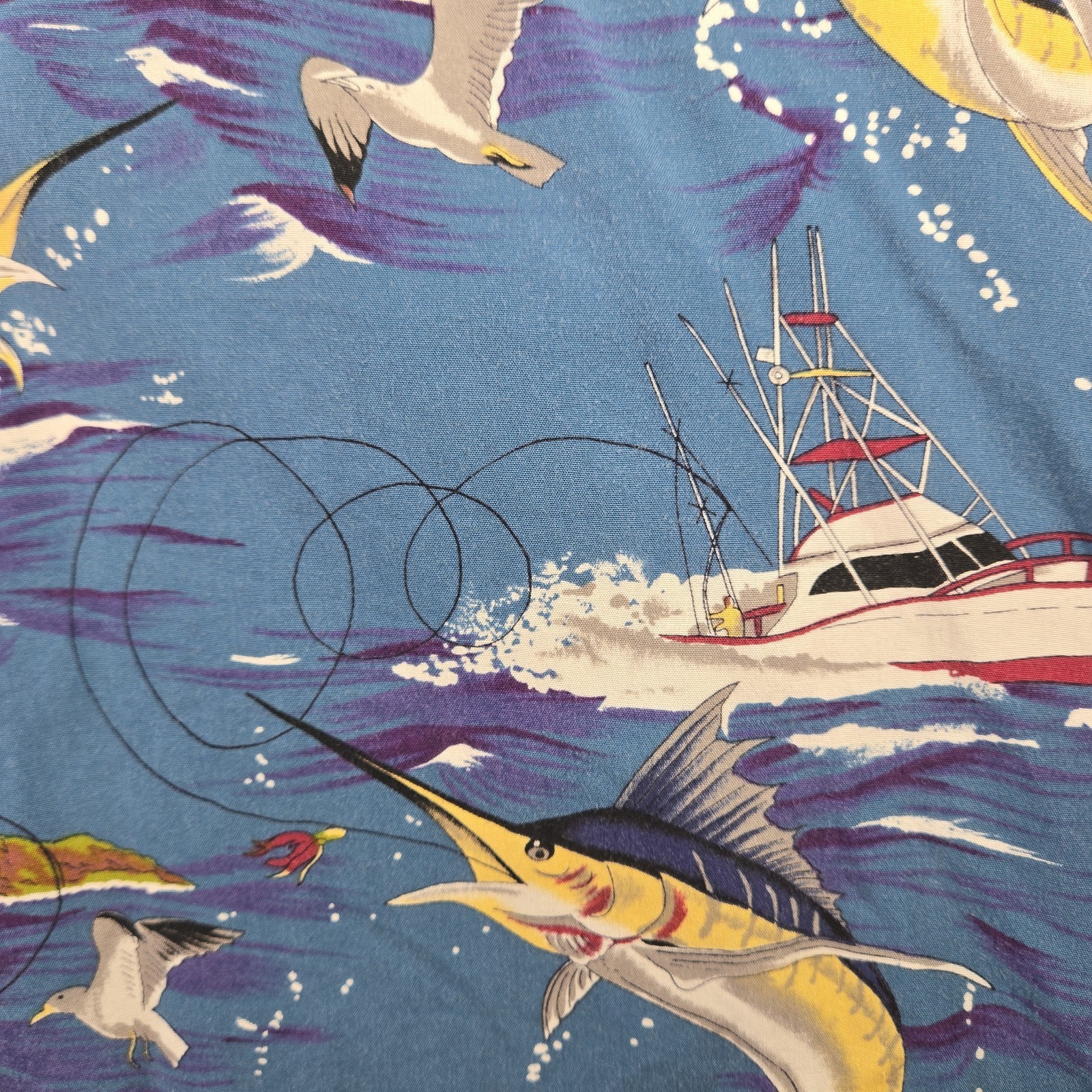 Vintage 80 90s Paradise Found Hawaiian Shirt Mens XL Rayon Blue Marlin Button Up
