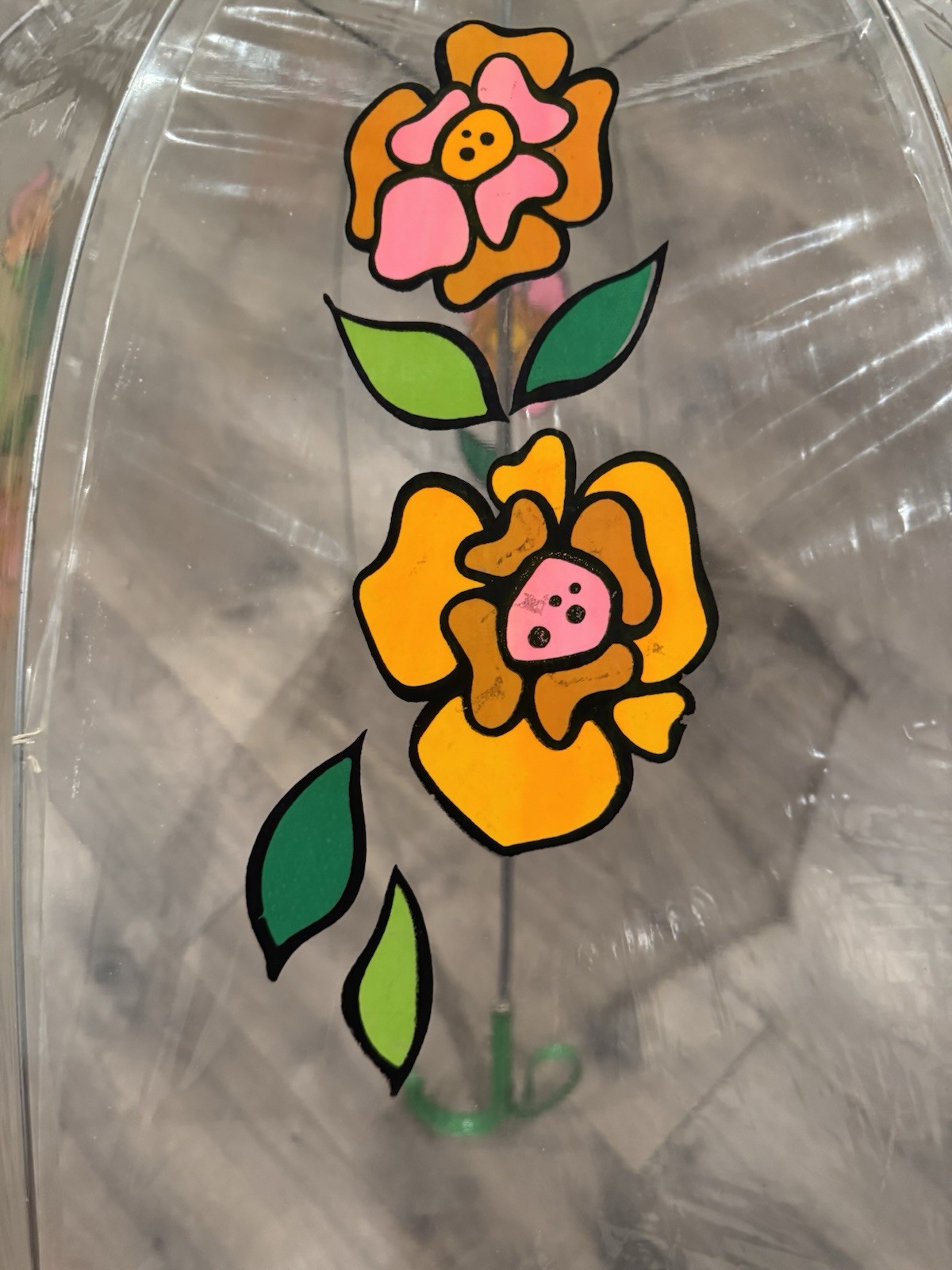 Vintage 70’s Dome Bubble Rain Umbrella Clear Vinyl MOD Flowers 28″D X 31″Handle