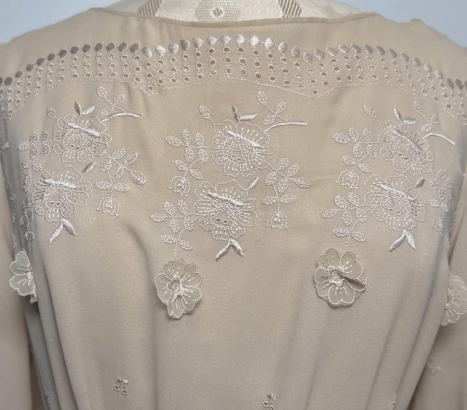 Vintage 70s Lace Appliqué Blouse Skirt Set M Sheer Romantic Chiffon Midi
