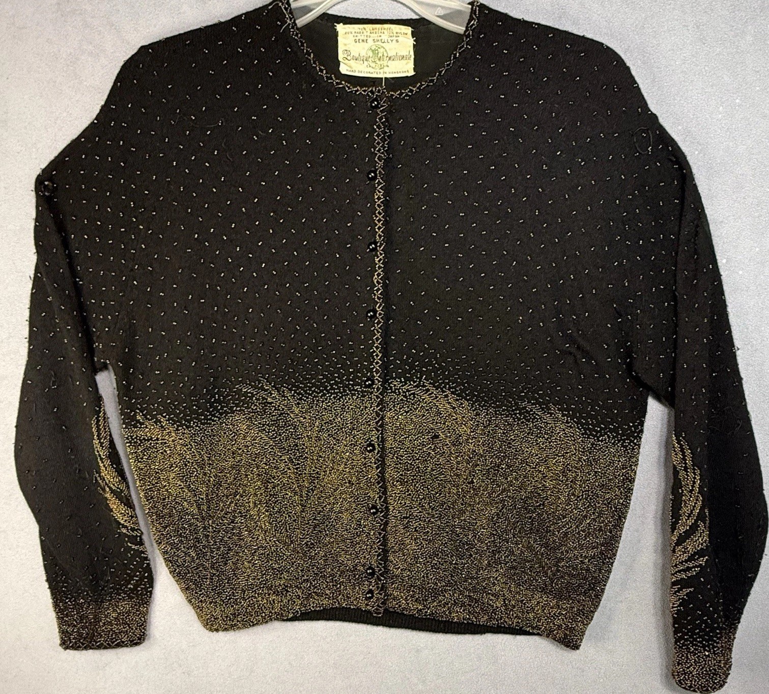 1960s Gene Shelly Beaded Cardigan Sweater Black Lambswool Angora Womens M