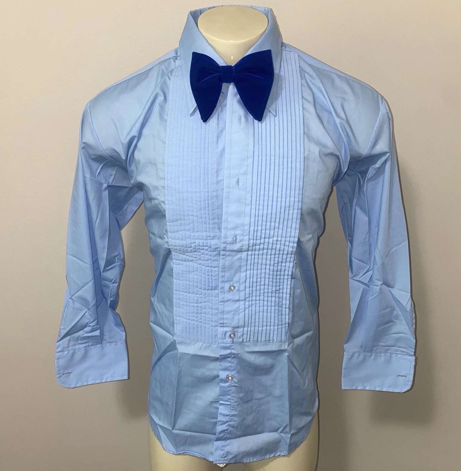 Vtg 70s Tuxedo Shirt Mens After Six Blue Ruffles TUX Dress Retro Prom 14 34
