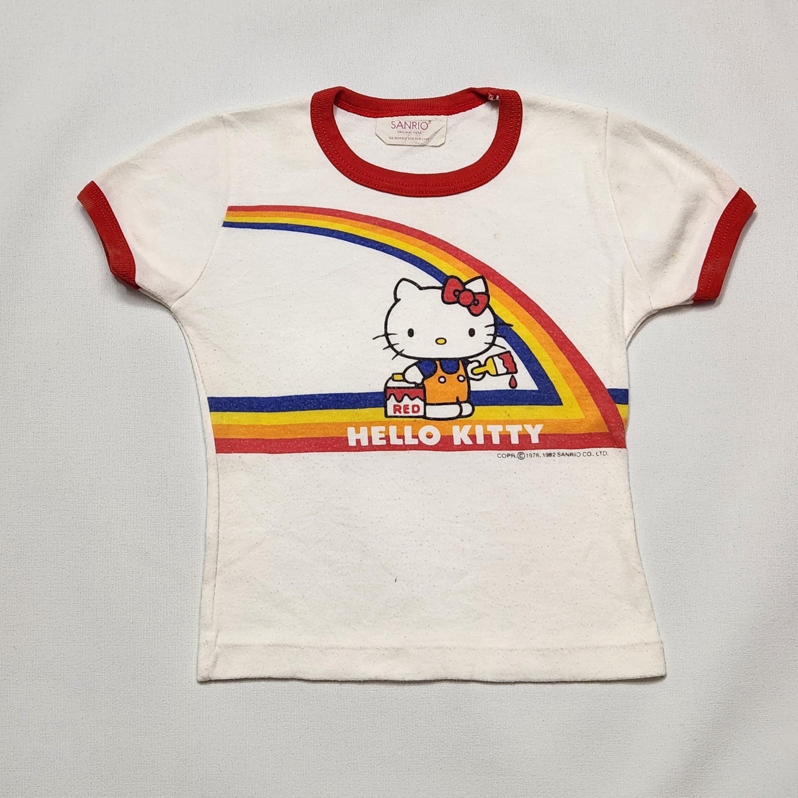 Vintage 80s Hello Kitty Rainbow Ringer Tshirt White Sanrio Toddler Graphic 2-4y