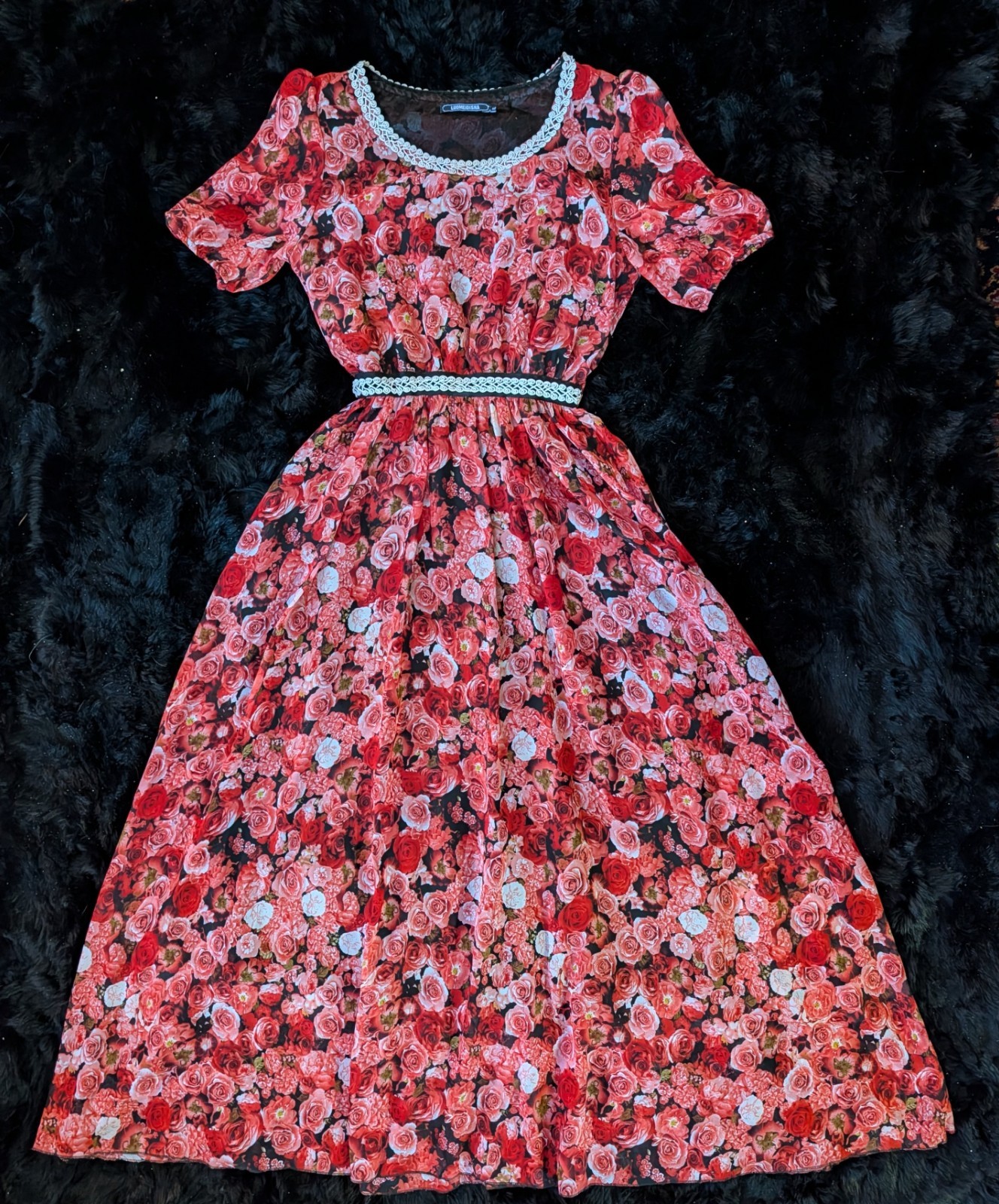 Romantic Red Rose Floral Chiffon Lined Midi Dress Empire Waist Scoop Neck