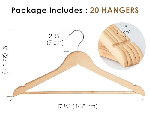 Wooden Hangers 20 Pack, Wood Coat Hanger 0.5″T (20 pack) Natural Wood Color