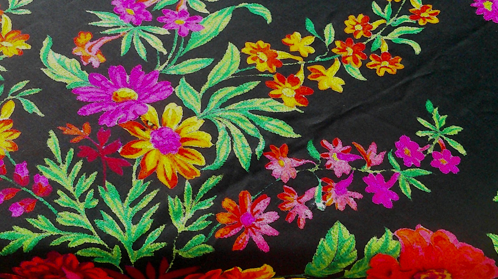 Piano Wrap Shawl Scarf Fringes Bright Floral 58X58 vintage, signed, Silk?