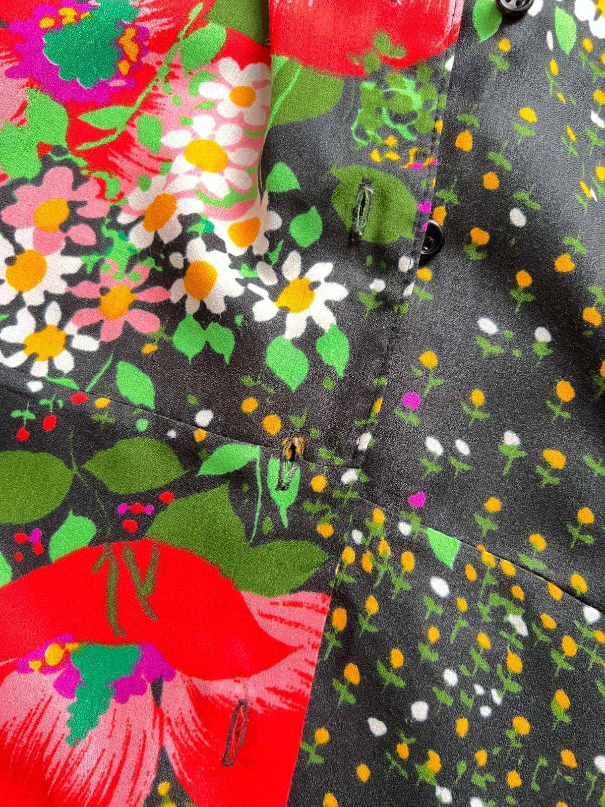 1970s Vintage Button Front Floral Maxi Dress Psychedelic Mod Long Sleeves Boho