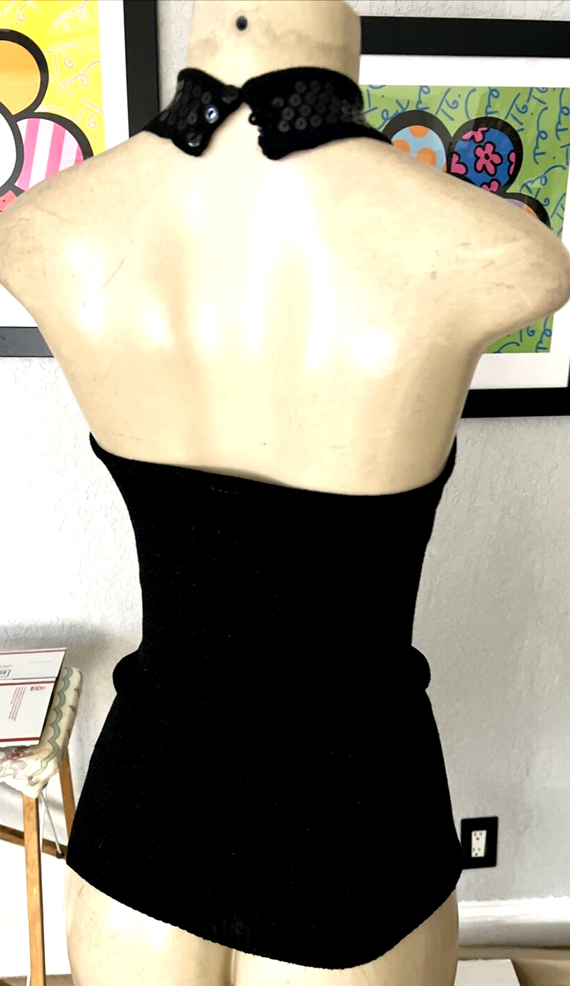 Black Silver Metallic W/Sequins Choker Halter Style Sleeveless Shirt M gts