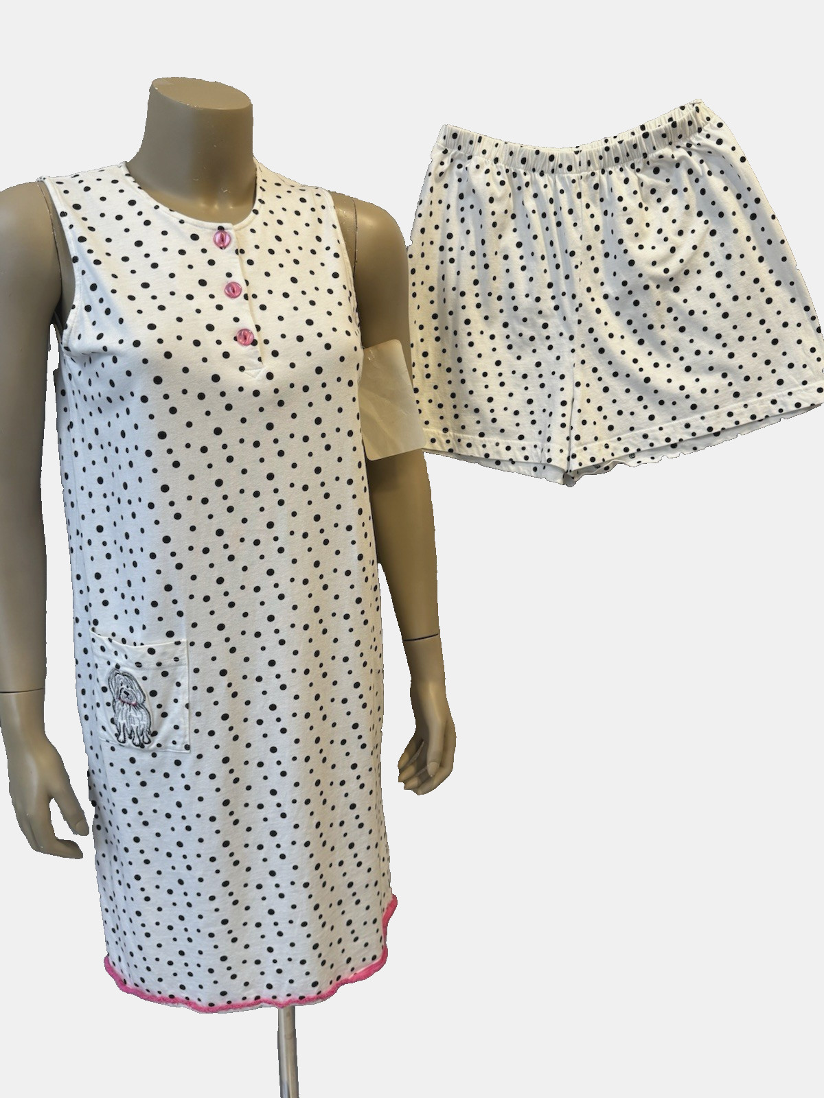 VTG Shadowline “Comforts” Cotton 2 Pc Night Gown & Shorts Polka Dots Dog NEW 90s