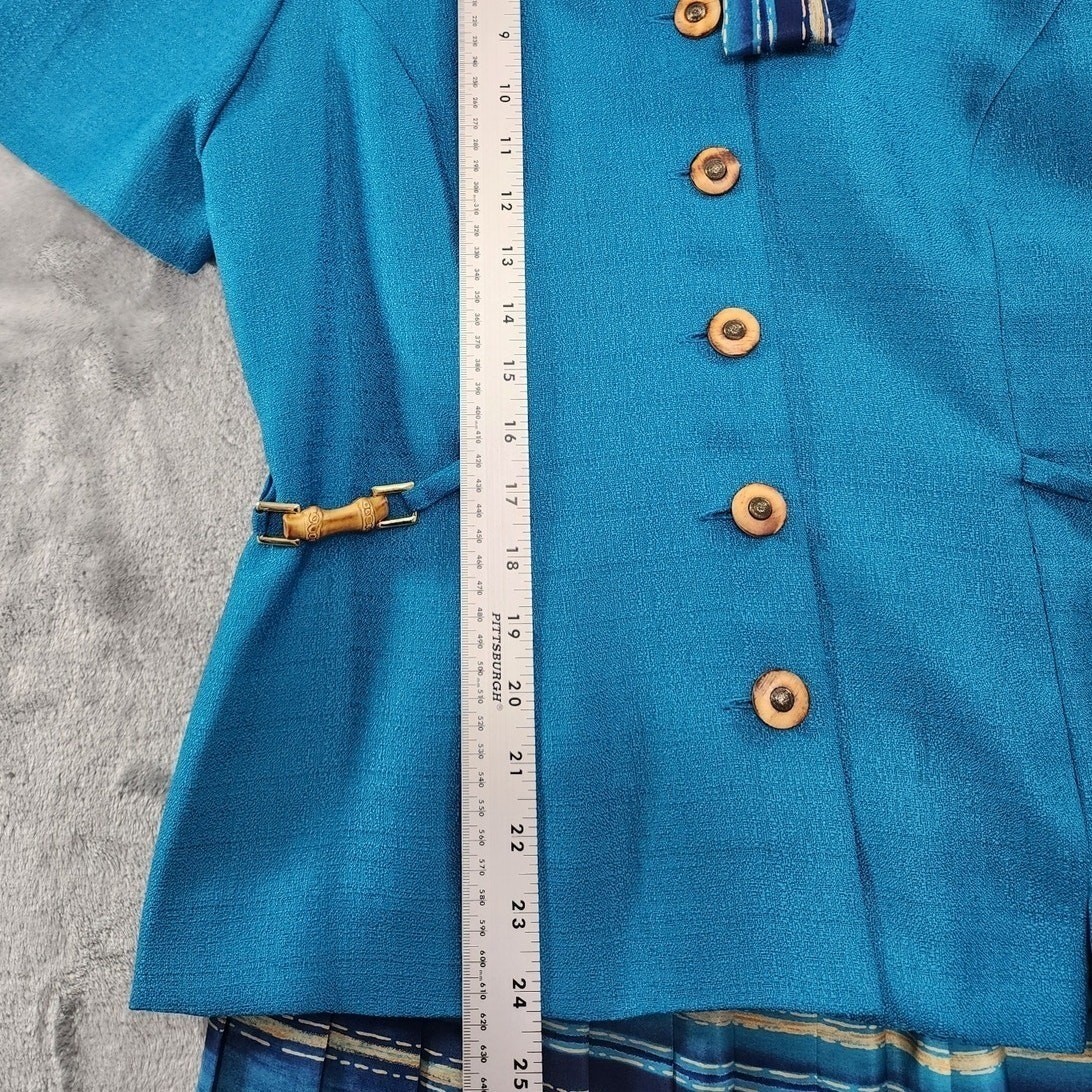 Vintage Leslie Fay Skirt Set Womens M Blue Short Sleeve Blazer Striped Pleated