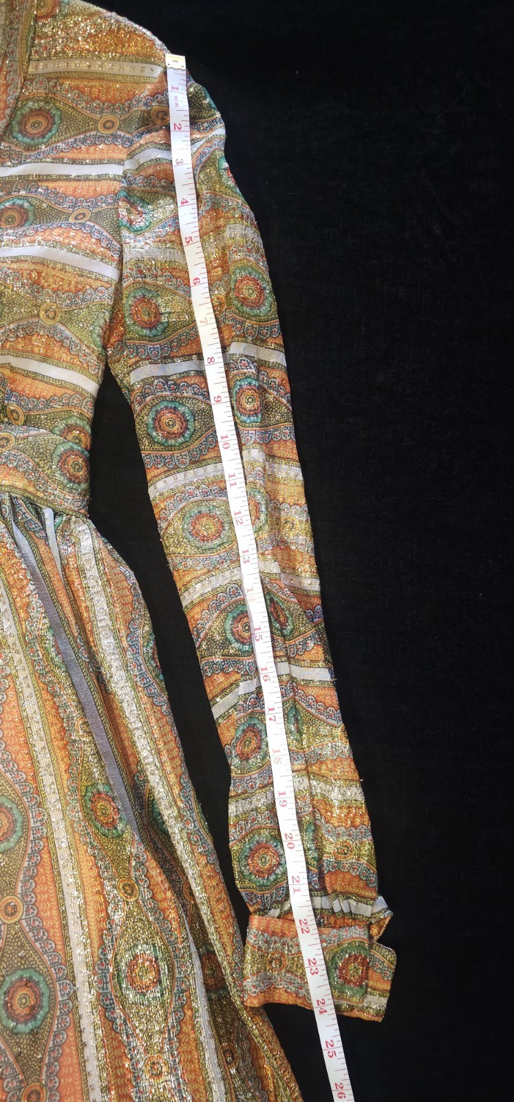 Vintage ILGWU Metallic Lurex Silk Psychedelic Hostess Boho Empire Dress 60s