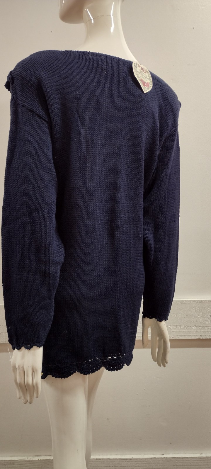 Grapes Sweater Dress Hand knit Navy Blue 90s NEW Shoulder Pads MED L Colleens