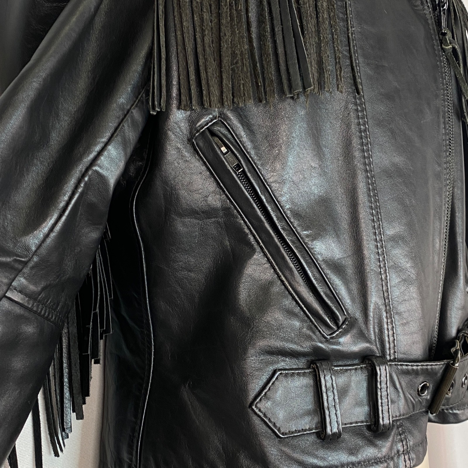 Vintage black leather fringe jacket women’s S M moto rocker biker TAURUS