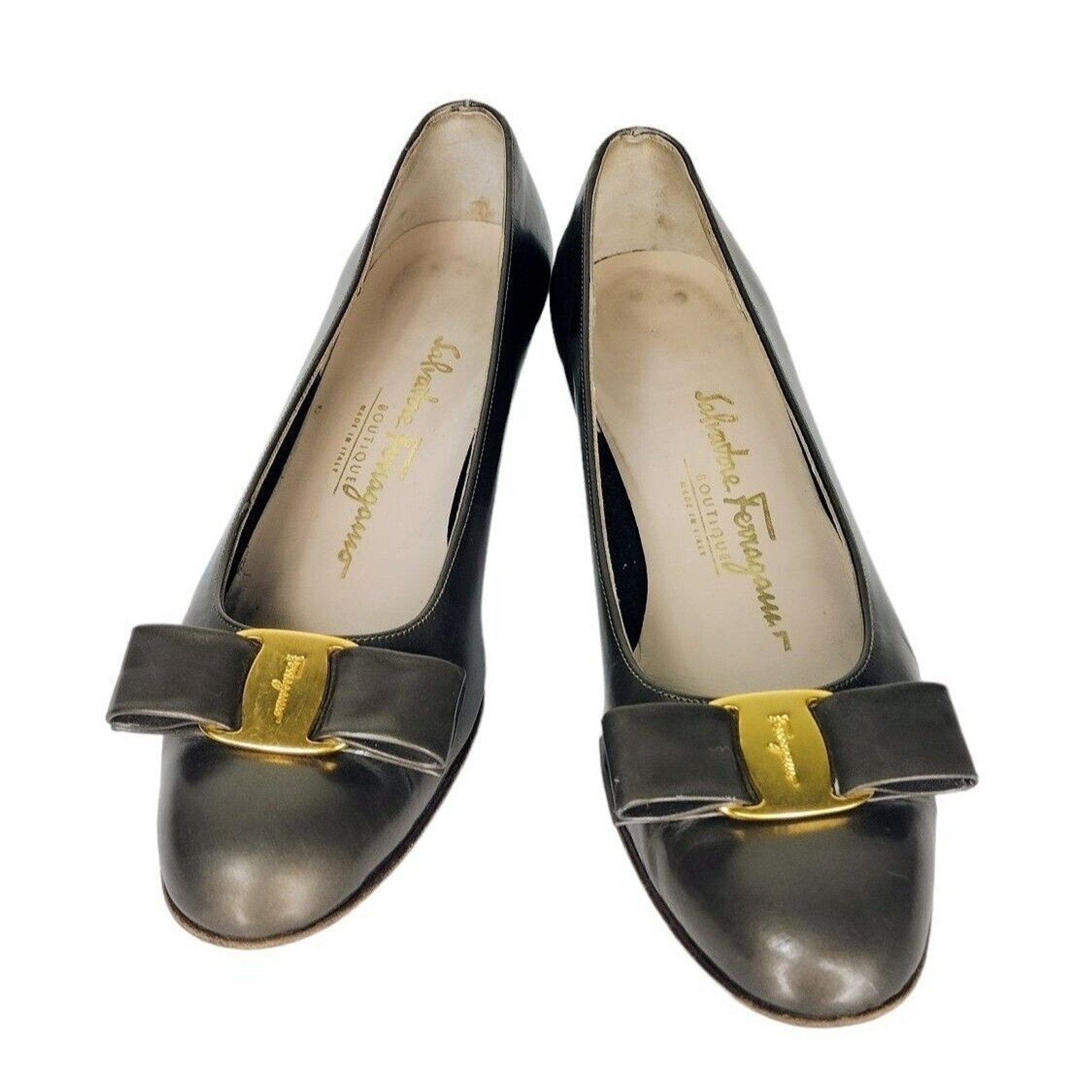 Salvatore Ferragamo Vintage 338 Lillaz Vara Pearled Bronze Leather Bow Pumps