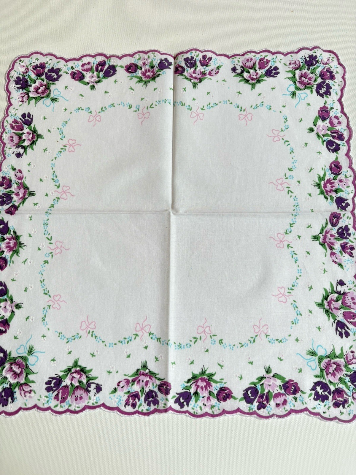 Beautiful New LuRay Violet TULIPS Handkerchief Hankie With Sweet Forget Me Nots