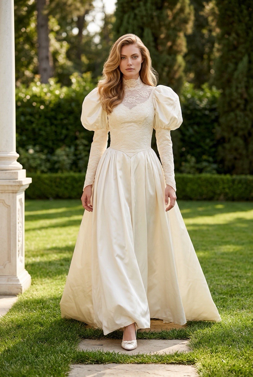 Handmade 1980s Ivory Satin Lace Puff Sleeve Vintage Wedding Dress Sz S/M? *READ