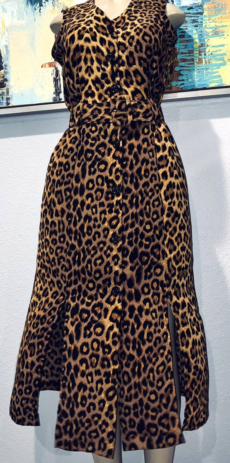 Vtg Studio 1 Leopard Animal Print Belt Sleeveless Shift Midi Dress 6