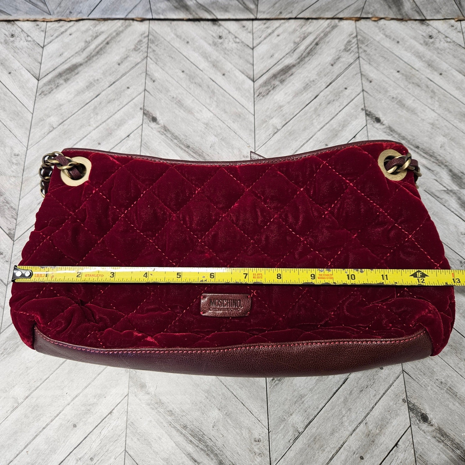 Vintage Moschino Velvet Shoulder Purse Red Hand Bag Quilt Made in Italy NOS Bow
