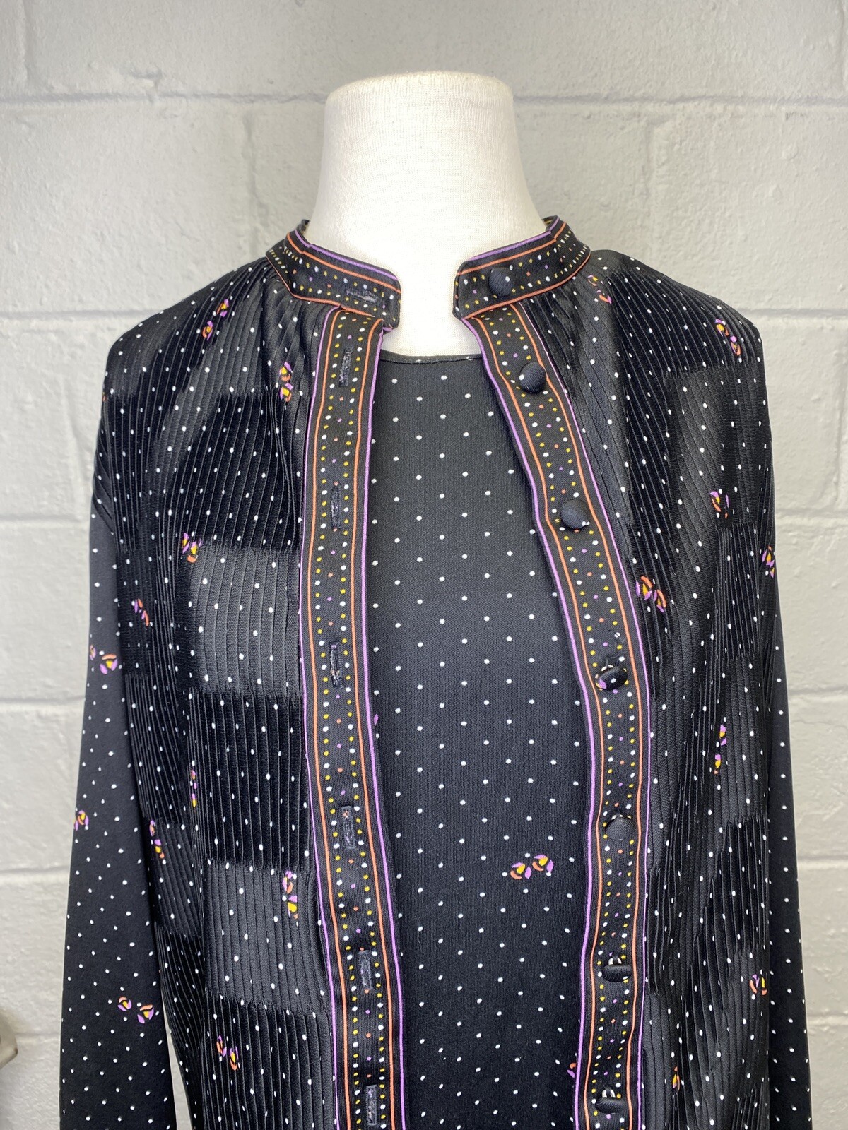 Vintage Gossamer Hal Ferman 1970’s Dress Jacket Suit Pleated Dot Floral Large