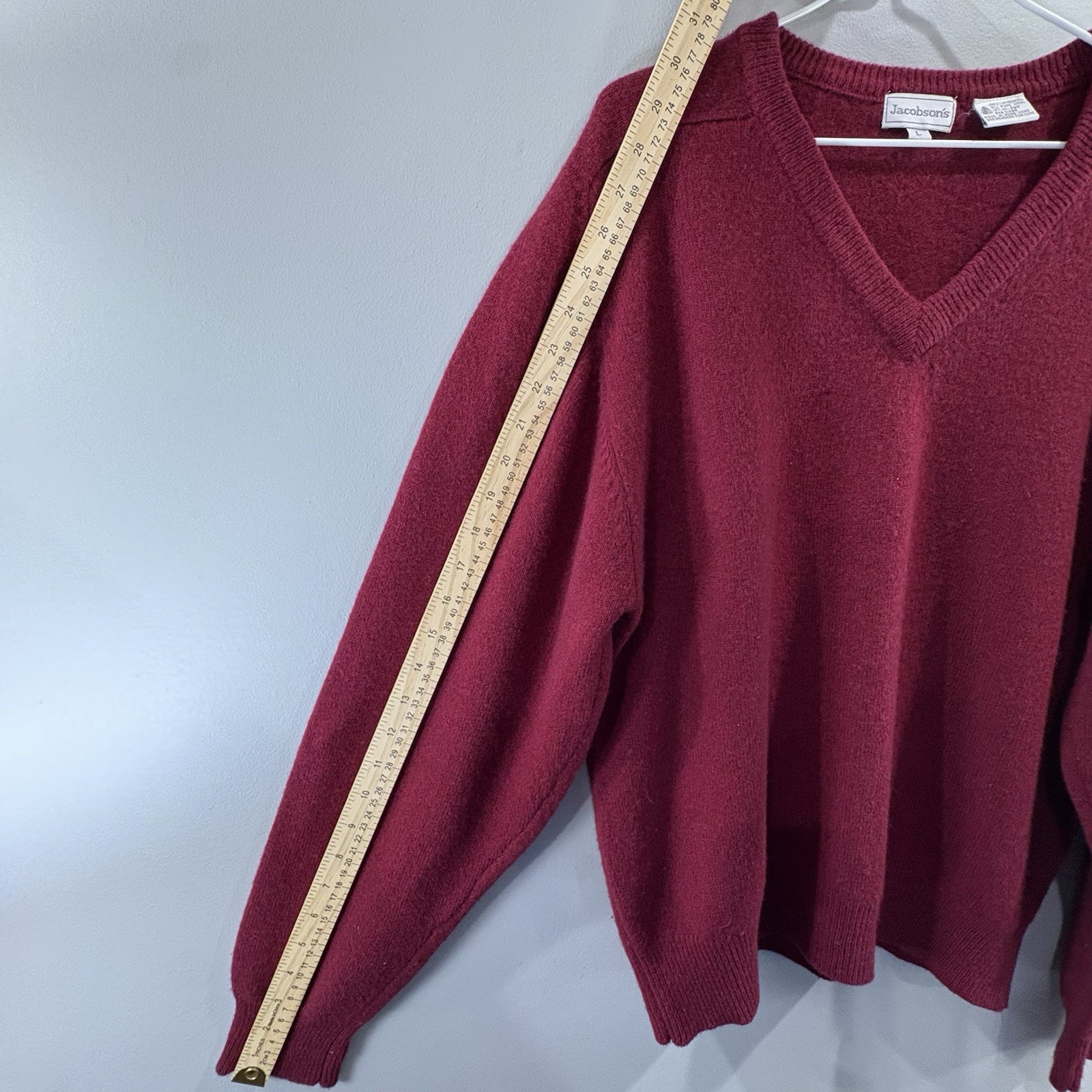 Vintage Jacobson’s 100% Lambswool L Sweater Knit Pullover V-Neck Dark Red Preppy