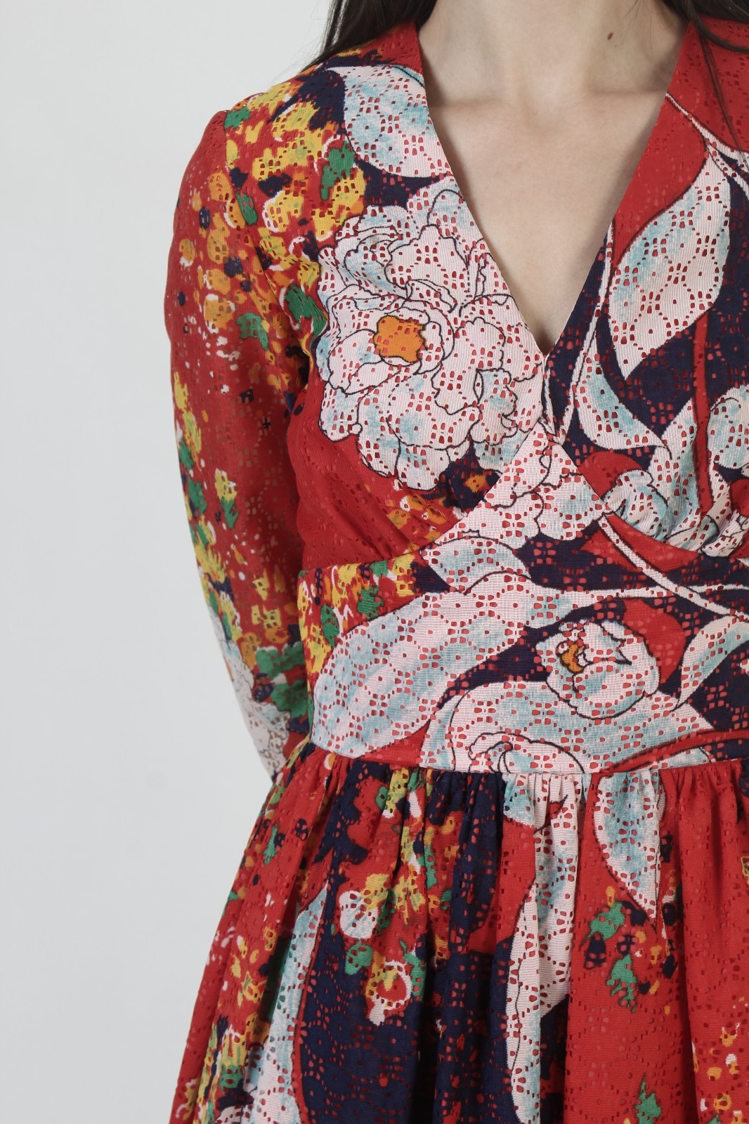 Vintage 70s Red Floral Dress Eyelet Prairie Angel Bell Slv Lounge Cocktail Maxi