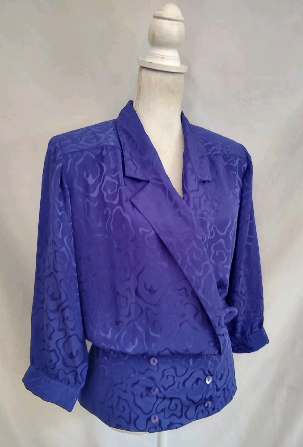 80’s Vintage Argenti Top Blouse Purple Satin Jacquard Jacket Style 3/4 Sleeve 12