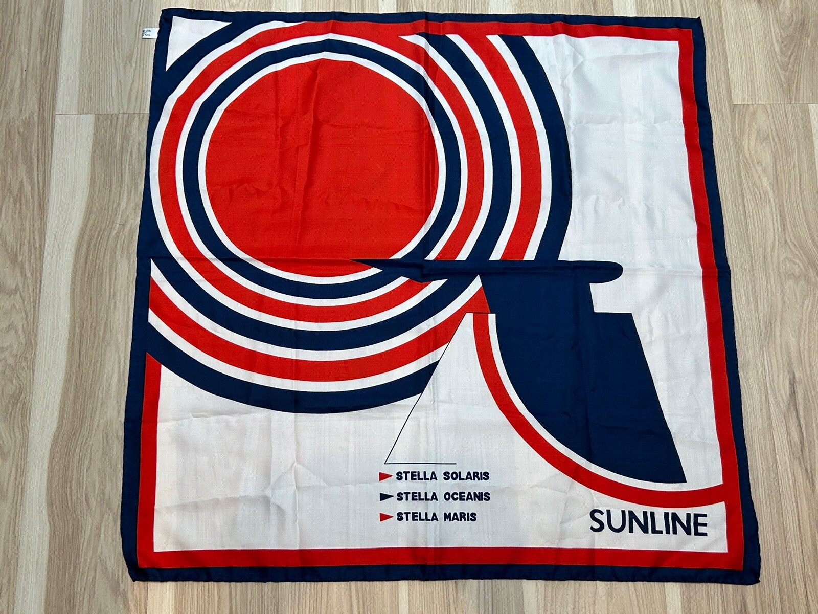VTG 1960s SUNLINE CRUISE SHIPS SCARF 30 1/2″ by 30″ BLUE RED WHITE MADE IN ITALY