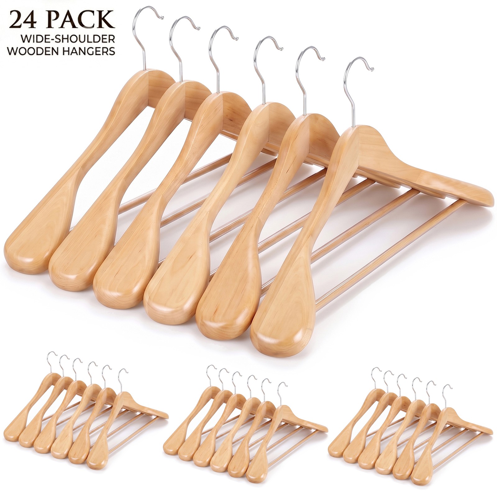 24 Pack Non-Slip Wood Suit Hangers with 360° Hook for Closet & Wardrobe Natural