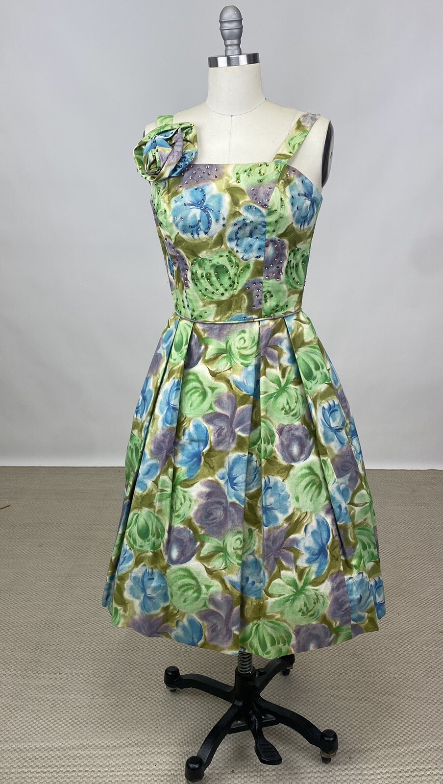 Vintage 1950s Cotton brushstroke floral cocktail party Dress Fit Flare As Is