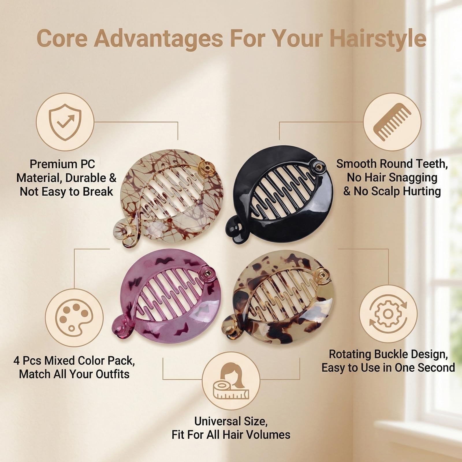 4 Pcs 2.5 Inch Banana Hair Clips, Classic Fishtail Clincher Assorted,Random