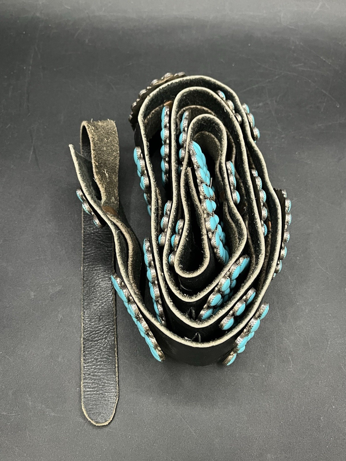 Vintage Sterling Silver and Turquoise Concho Black Leather Belt Buckle Hallmark