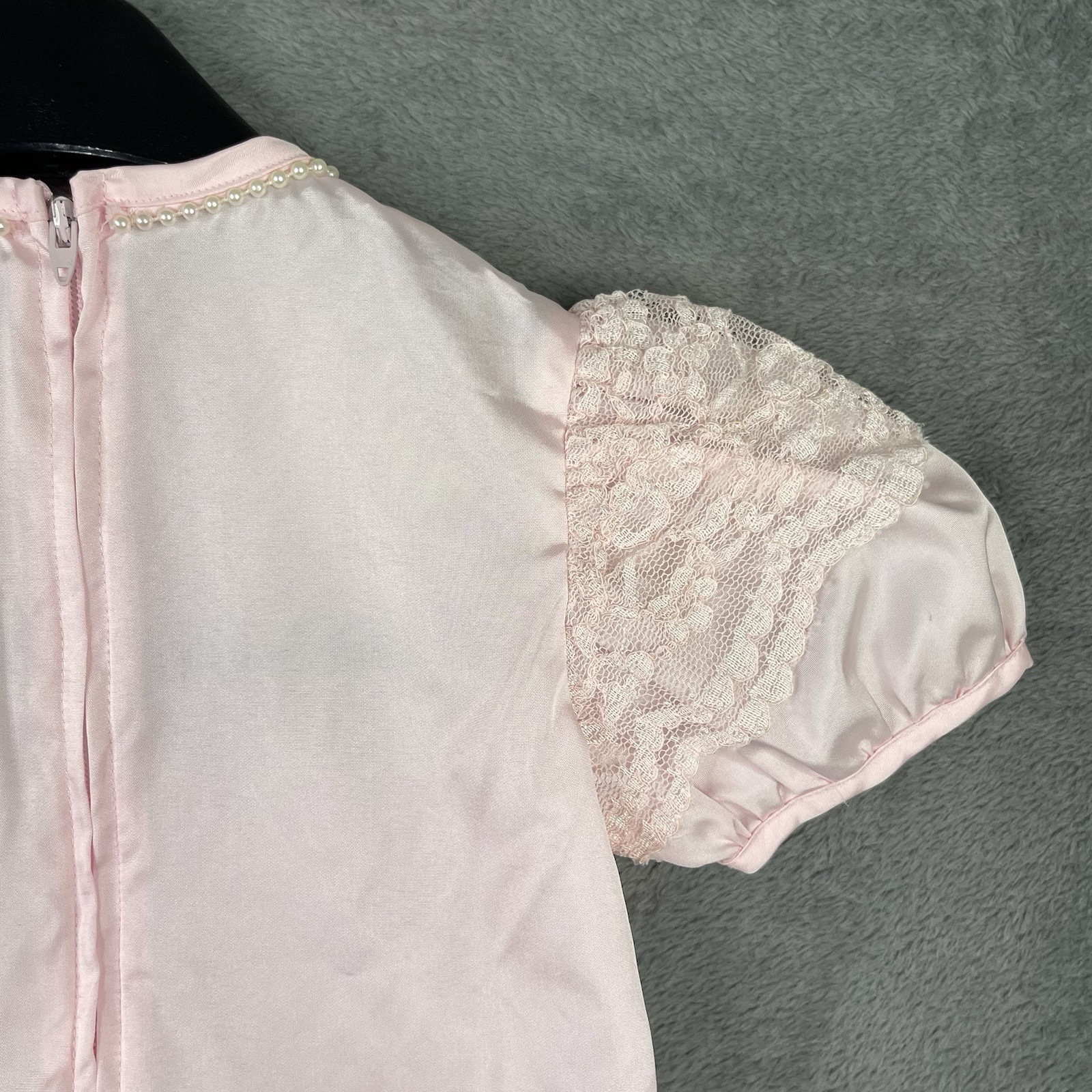 Vintage Baby Sheer Dress Girls 3T Pink Floral White Lace Bow Ribbon Party 70s